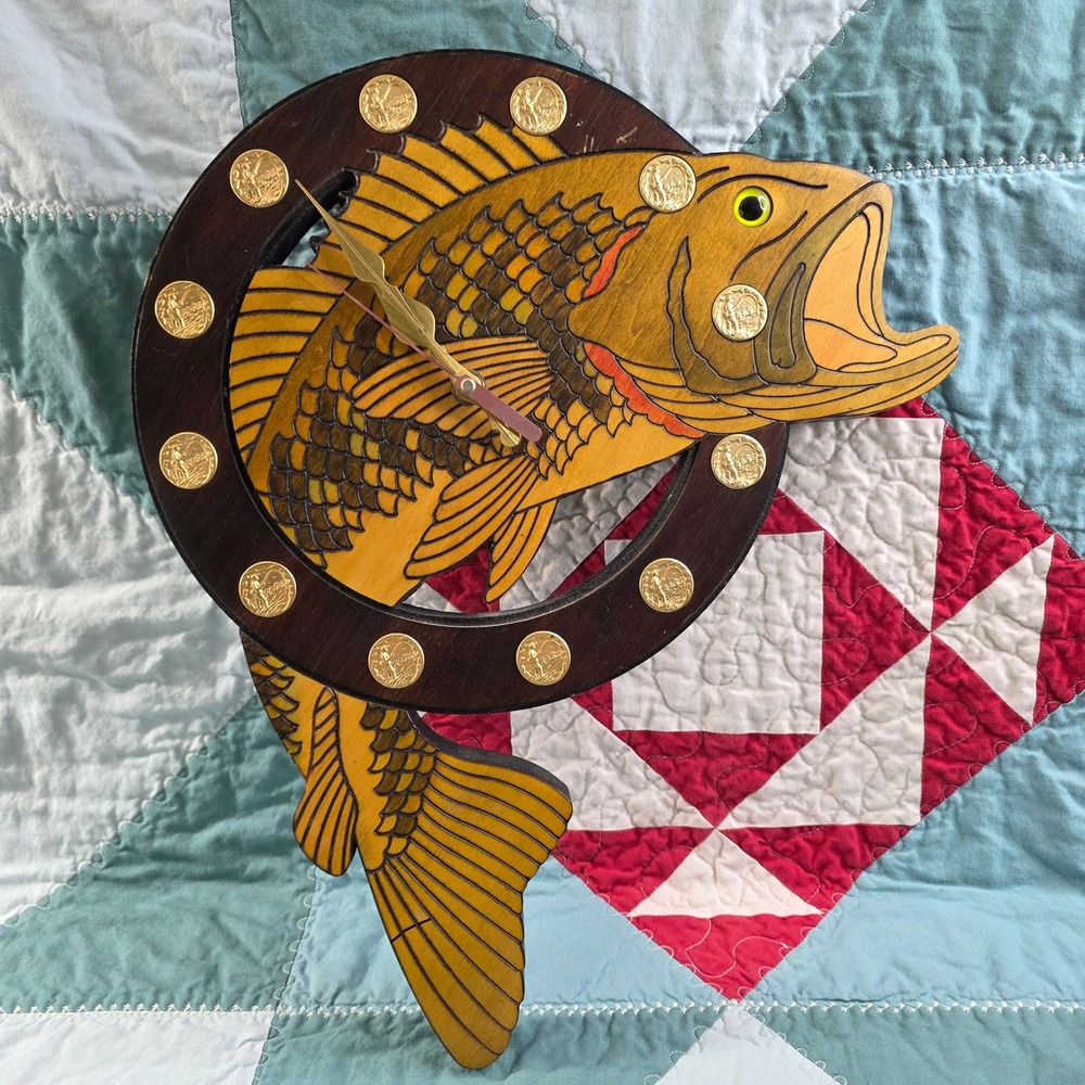 Vintage Largemouth Bass Wood Wall Clock with Fishing Medallions Analog Decor